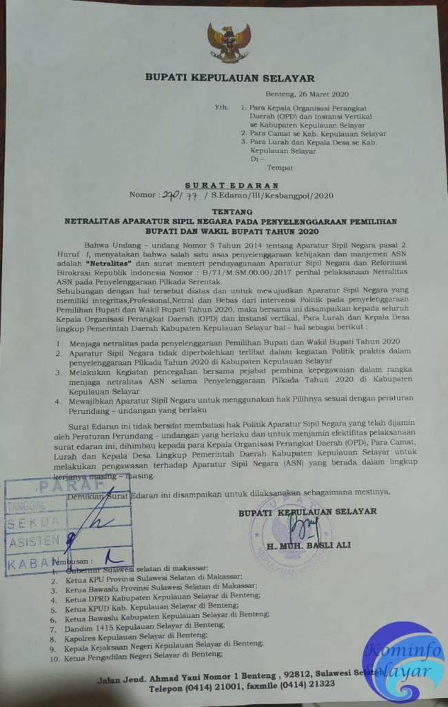 Bupati Kepulauan Selayar Keluarkan Edaran Tentang Netralitas  ASN pada Pilkada 2020