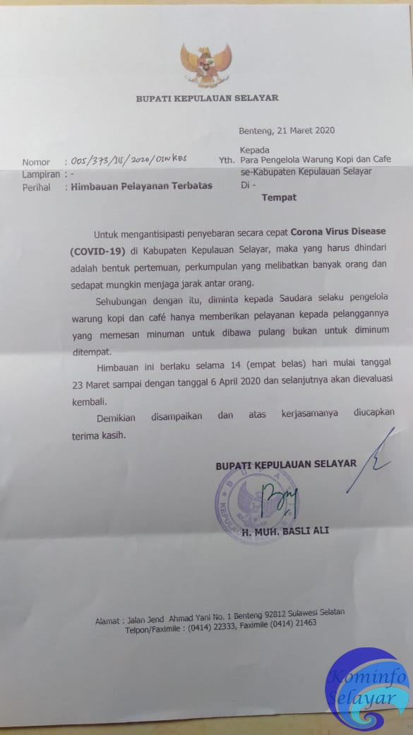 Cegah Penyebaran Corona, Ini Imbauan Bupati Kepulauan Selayar Terhadap Pengelola Warkop dan Cafe