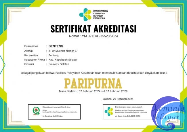 Pemkab Selayar Raih Prestasi Membanggakan Setalah UPT Puskesmas Benteng Dinyatakan Lulus Akreditasi Paripurna