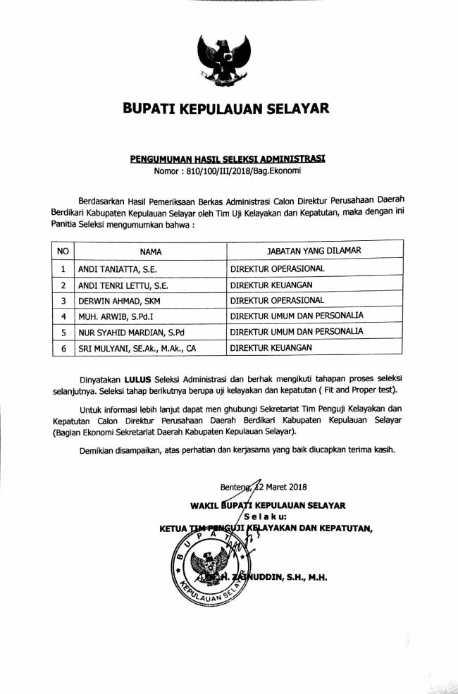 Pengumuman Hasil Seleksi Berkas Administrasi Calon Direktur PD. Berdikari Kepulauan Selayar